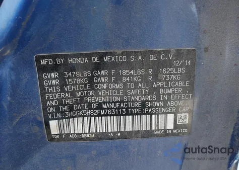 2015 Honda Fit Ex/Ex-L from USA, damaged, VIN 3HGGK5H82FM763113